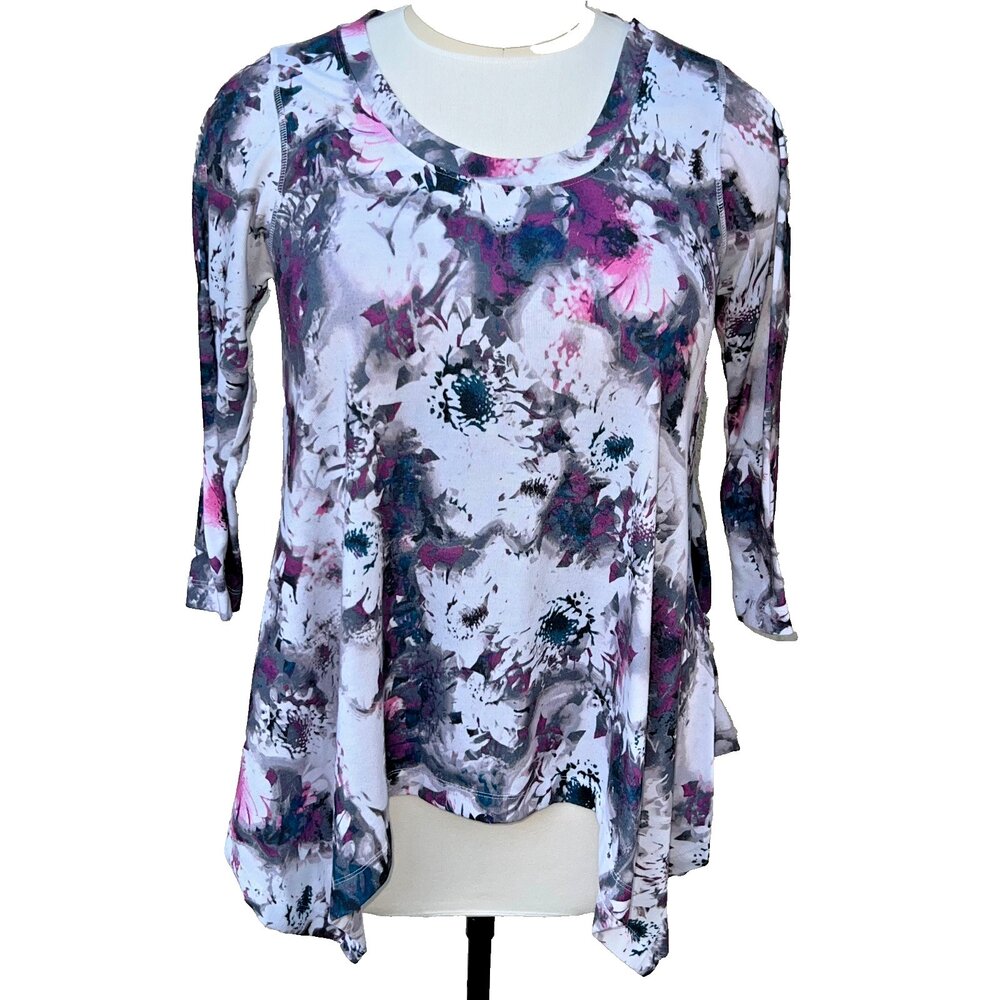 Philosophy Tunic Top Womens XL Abstract Floral Scoop Neck Sharkbite Hem 3/4 Slve